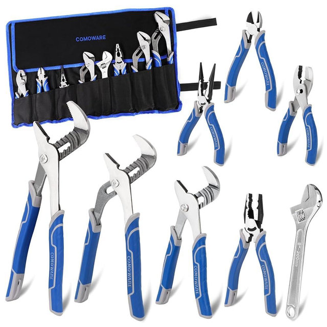 COMOWARE Large Pliers & Wrench Set 8Pcs with Pouch(12", 10", 8" Groove Joint Pliers, 8" Adjustable Wrench, 8" Linesman, 6" Long Needle Nose, 6" Slip Joint, 6" Diagonal) for Home & DIY