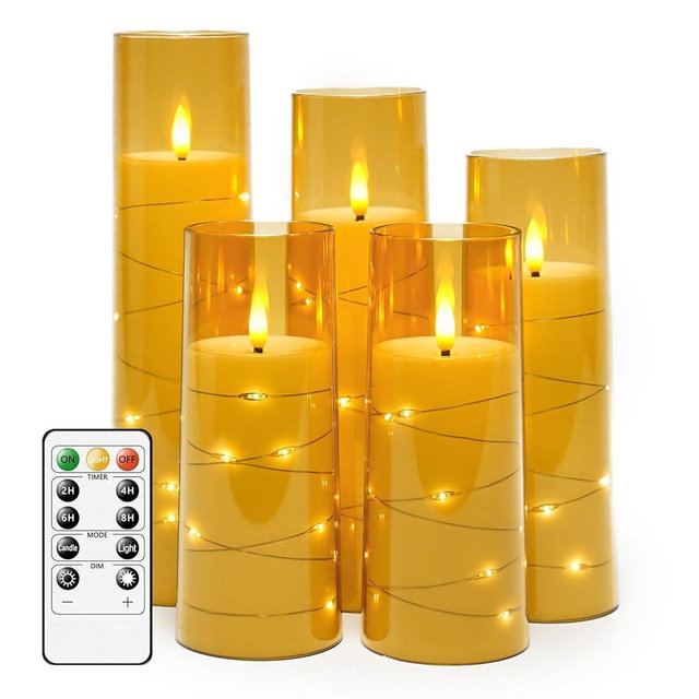 kakoya Flameless LED Candles with Timer 5 Pc Flickering Flameless Candles for Romantic Ambiance and Home Decoration Durable Acrylic Shell,with Embedded Star String，Battery Operated Candles（Gold）