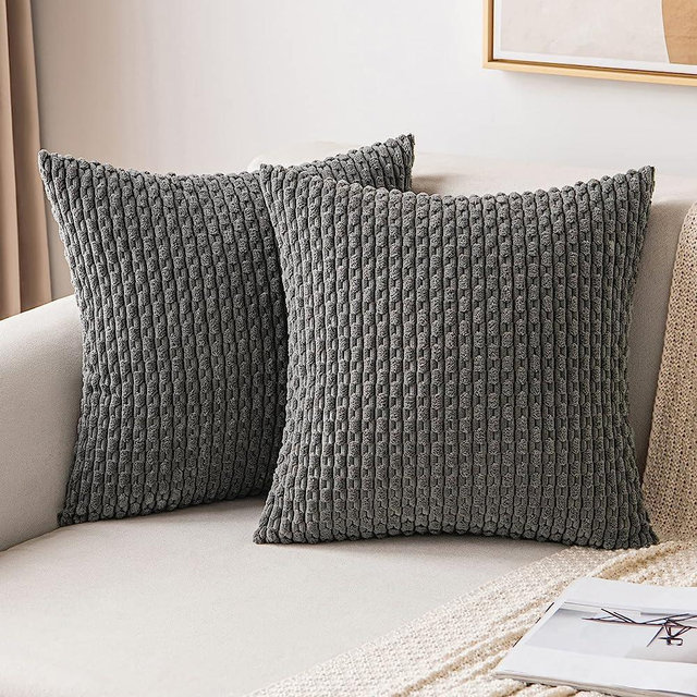 MIULEE Throw Pillow Covers Soft Corduroy Decorative Set of 2 Boho Striped Pillow Covers Pillowcases Farmhouse Home Decor for Couch Bed Sofa Living Room 18x18 Inch Dark Grey