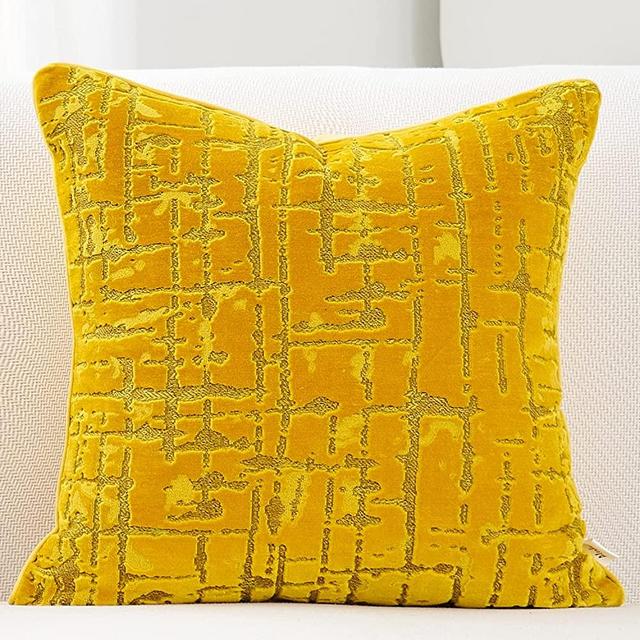 Alerfa 18 x 18 Inch Square Geometrical Plaid Striped Embroidery Cut Velvet Cushion Case Luxury Modern Throw Pillow Cover Decorative Pillow for Couch Sofa Living Room Bedroom Car, Yellow