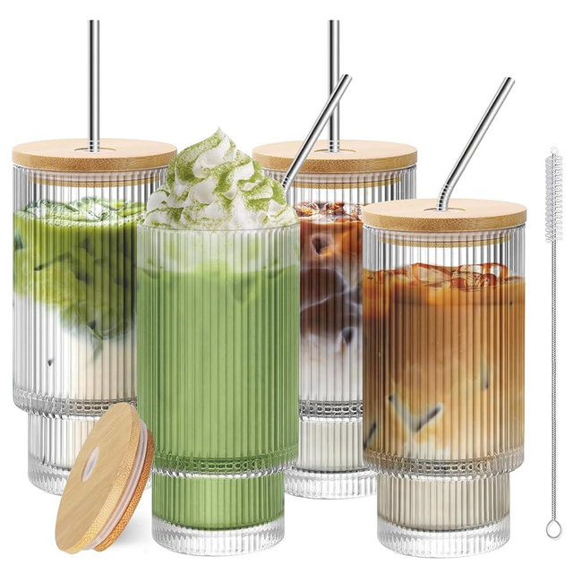 HIGIINC Iced Coffee Cups with Lids 4 Pcs - 16 OZ Glass Cups with Lids and Straws, Reusable Ice Coffee Tumbler, Clear Ribbed Drinking Glasses for Matcha, Smoothie, Ice Tea, Lemonade