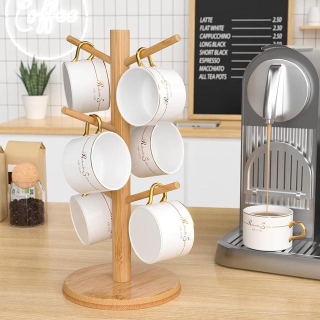 Wisuce Coffee Mug Holder, Bamboo Mug Tree with Thicker Base Coffee Cup Mug Stand for Counter, Mug Rack with 6 Hooks