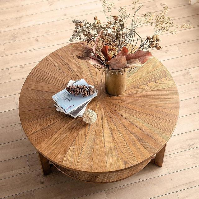 DS-HOMEPORT Round Coffee Tables for Living Room - 2 Tier Wood Circle Coffee Table with Storage, Farmhouse Wooden Rustic Round Coffee Table