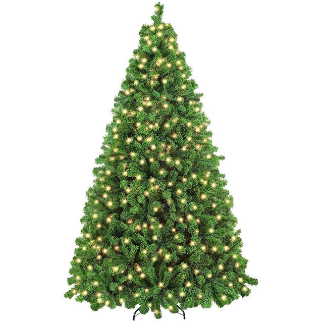 Yaheetech 7.5ft Pre-lit Artificial Christmas Tree with Incandescent Warm White Lights, Snow Flocked Prelighted Xmas Tree with 1272 Branch Tips, 550 Incandescent Lights & Foldable Stand, Pure Green