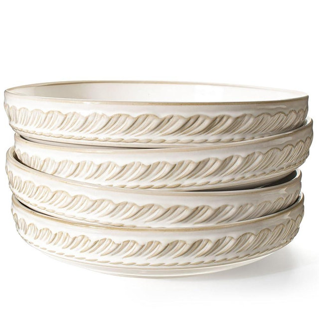 Artena Pasta Bowls, 50oz Large Salad Serving Bowls, 9.75'' Plates Bowls Set of 4, Big White Ceramic Soup Bowls for Kitchen, Embossment Shallow Dinner Bowl, Microwave Dishwasher Safe, Willow Leaf
