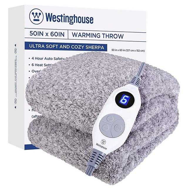 Westinghouse Electric Blankets Heated Throw Soft Cozy Sherpa Heating Blanket, 6 Heat Settings & 4 Hours Auto Off Grey Back Printing 50x60in