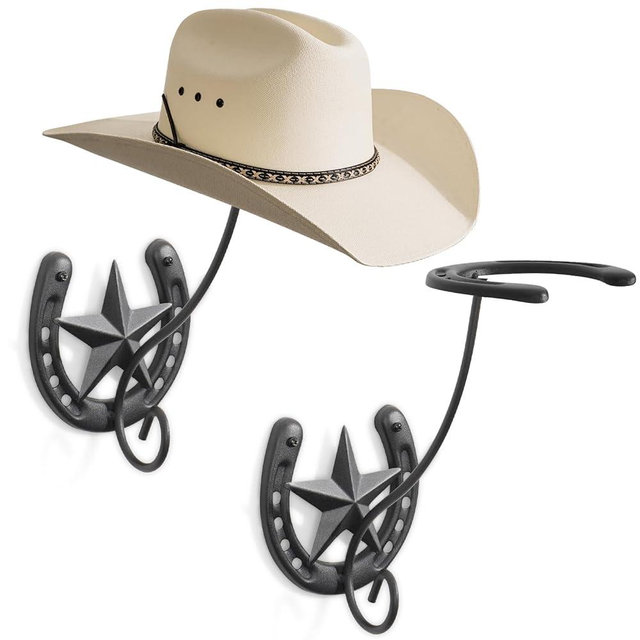 HYDERMUS Cowboy Hat Holder for Wall 2 Pack Metal Iron Cowboy Hat Rack Western Hat Hanger Horseshoe Hooks Storage Cowboy Hat Organizer Display Closet Living Room Western Gifts Wall Decor Black
