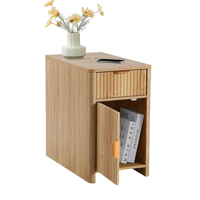 affeivul Fluted Narrow End Table with Charging Station, Boho Side Table with Drawer Storage, Small Night Stand with Power Outlets and USB Ports, Sofa Side Table for Living Room - Natural