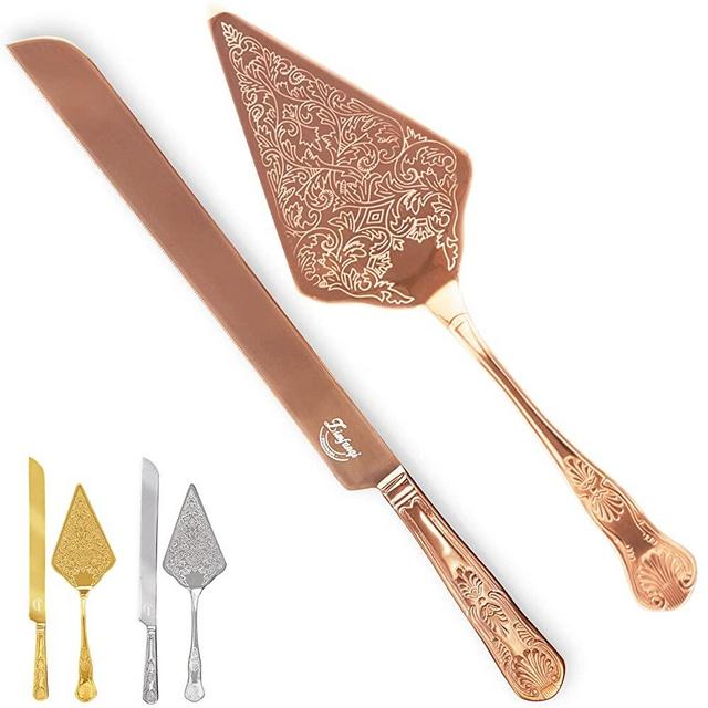 ZIMFANQI Cake Knife and Server Set,Stainless Steel Vintage Cake Cutting Utensils for Wedding, Birthday, Parties and Events (Romantic Rose Gold)