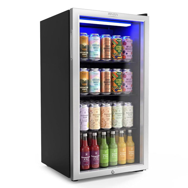 ROVSUN 3.3 Cu.Ft. Beverage Refrigerator Cooler with Double Layer Glass Door & Adjustable Shelf, Beverage Fridge for Home Office Bar, Quiet Mini Fridge Cooler w/Lock for Soda Wine Beer, 32-50°F, Black