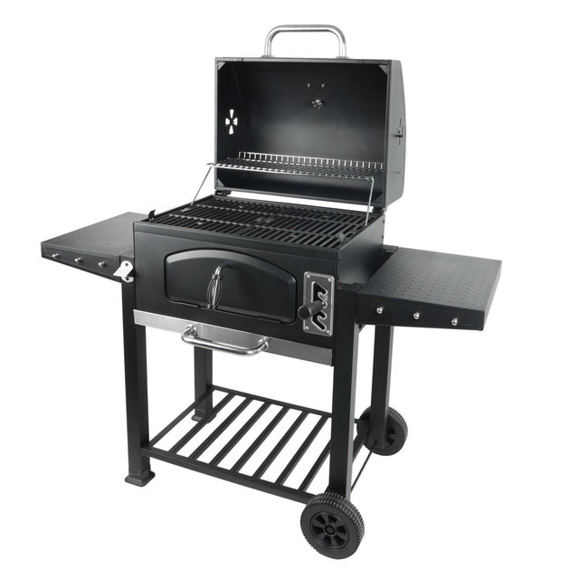 Grill Boss 24” Steel Charcoal BBQ Grill and Side Shelves, Front Access Door, Adjustable Charcoal Tray, Built In Thermometer, Large Cooking Area, Black