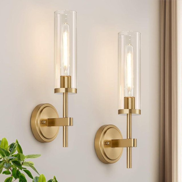 MOKATNG Wall Sconces Set of Two, Brushed Gold Bathroom Sconces with Clear Glass, Hardwired Sconces Wall Decor Set of 2, Modern Wall Light Fixtures for Bathroom Mirror Living Room Bedroom Hallway