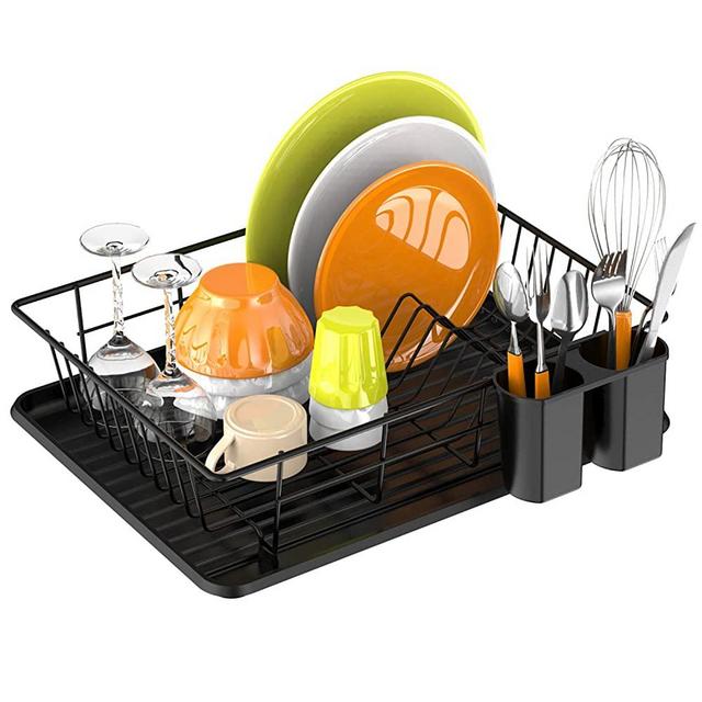 Dish Drying Rack, Ace Teah Dish Rack Drainer Set with Drain Board Tray for Kitchen Counter, Black
