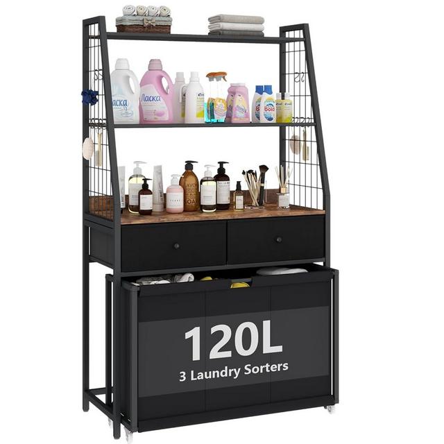 STIKELY Laundry Hamper Laundry Basket with 3 Section Pull-Out Rolling Bags & 2-Tier Storage Shelf, Laundry Sorter for Organization and Storage with 2 Drawers for Laundry Room, Bathroom