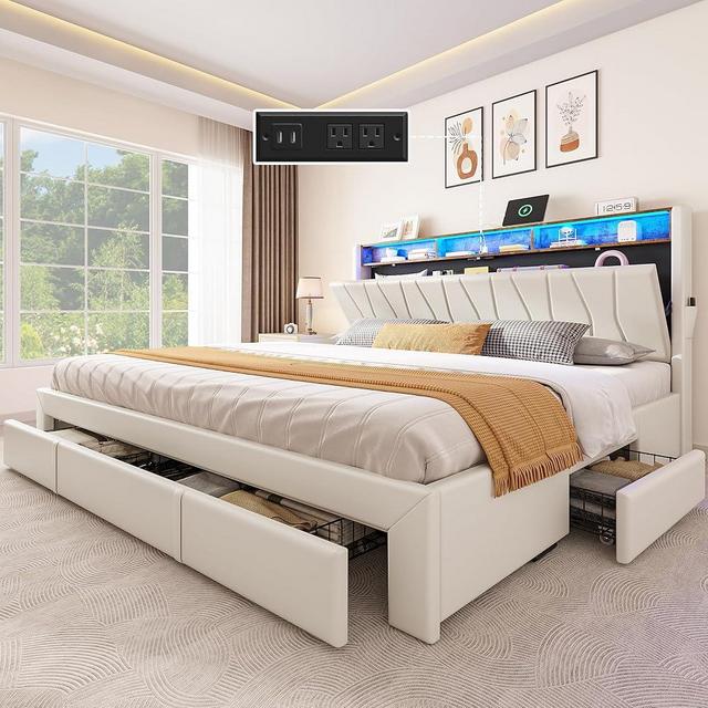 YITAHOME King Size Bed Frame, Storage Bed Frame with 4 Drawers & LED Light, Platform Bed with Storage Upholstered Headboard and Charging Station, No Box Spring Needed, Easy Assembly, Beige
