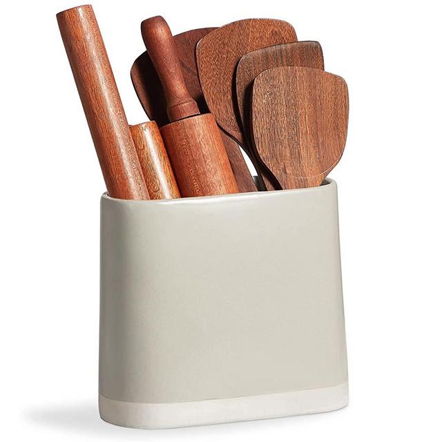 ONEMORE Kitchen Utensil Holder, Large Cooking Utensil Organizer for Kitchen Counter, Ceramic Utensil Crock with Cork Mat for Countertop, Oval Utensil Caddy Flatware Organizer, Grey