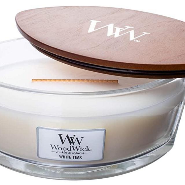 WoodWick WW White Teak, Highly Scented Candle, Ellipse Glass Jar Original HearthWick Flame, Large 7 Inches, 16 OZ