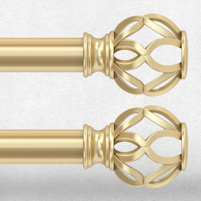 2 Pack Curtain Rods for Windows 30 to 56 Inch, Gold Decorative 1" Window Treatment Rods with Aluminium Twisted Cage Finials, Adjustable Heavy Duty Metal Farmhouse Drapery Pole, Easy Install