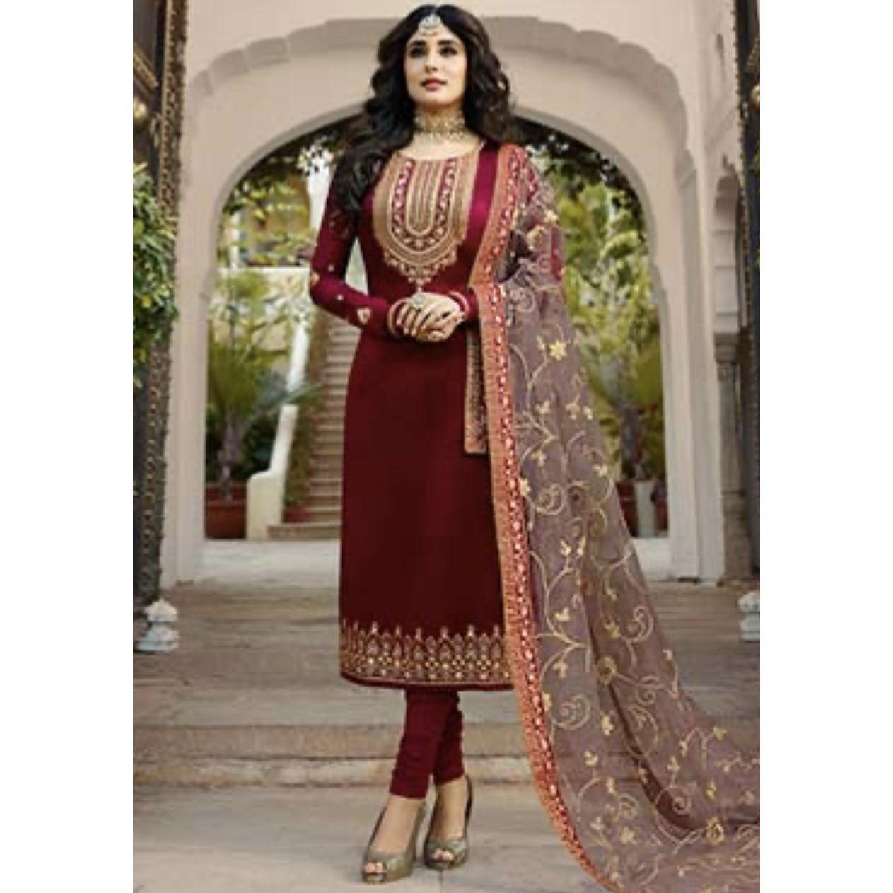 Churidar/ Pyjami bottoms loose at the top and fitted below the knee, scrunching at the bottom. Suitable for pre-wedding events.