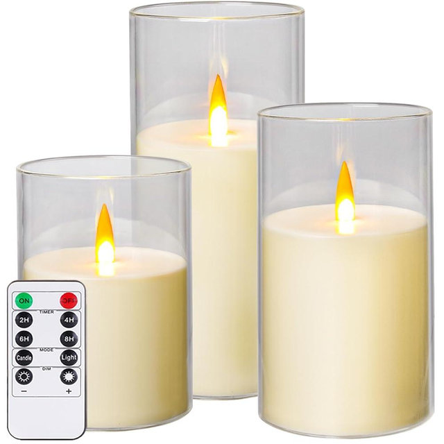 Kiexung Flameless Candles, LED Candles with Remote Control and Timer, New True Analog 3D Wick Battery-Powered Acrylic Pillar Candle for Romantic Ambience and Home Décor, 3 Piece Set (Ivory)
