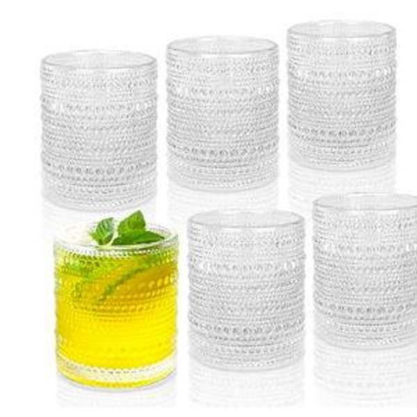 Cocktail Glasses 10 oz Hobnail Drinking Glasses Set of 6, Vintage Glassware, Textured Glass Cups Bubble Glasses Water Glasses Old Fashion Jupiter Glasses Set, clear