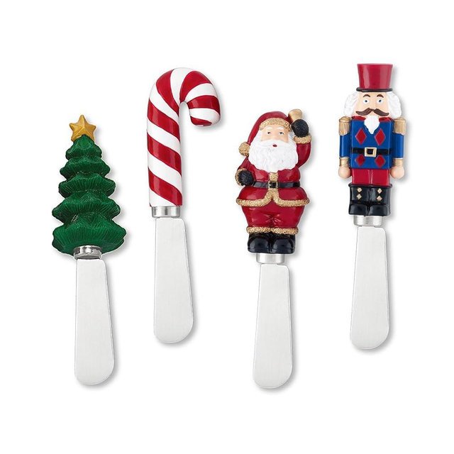 Supreme Housewares Tis the Season Cheese Spreaders, Hand-Painted Resin Handles with Stainless Steel Blades for Spreading Cream Cheese, Butter, and Jam, Assorted Christmas Designs, Set of 4