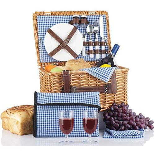 Picnic Basket Set - 2 Person Picnic Hamper Set - Waterproof Picnic Blanket Ceramic Plates Metal Flatware Wine Glasses S/P Shakers Bottle Opener Blue Checked Pattern Lining Picnic Set | Picnic Tote