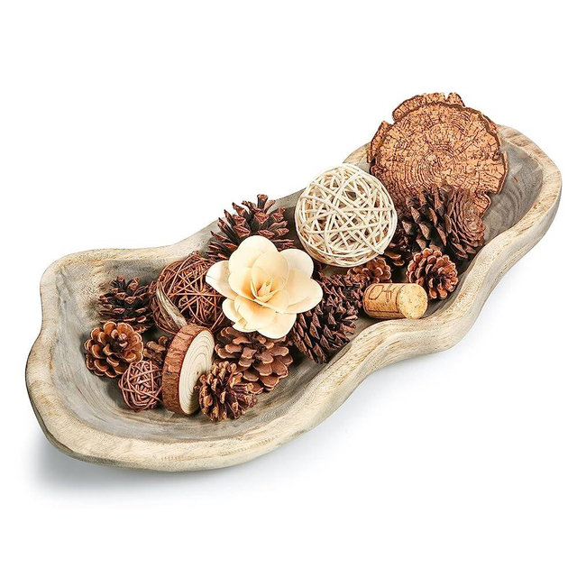 Wavy Live Edge Wooden Dough Bowl for Decor 16"L Medium Natural Root Wood Hand Carved Decorative Wooden Farmhouse Fruit Bowl Handmade, Home Decoration Centerpiece, Dining Room Table Display Bowl