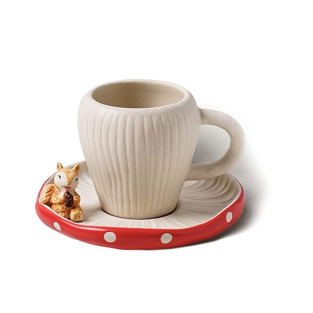 RESVUGA Cute Mushroom Mug with Saucer, Handmade Glaze Polka Dot, with Squirrel Decoration on the Plate. Safety Matt Ceramic Coffee Cups, 11 oz Cartoon Tea Cup. Best Gifts for Women & Girls.