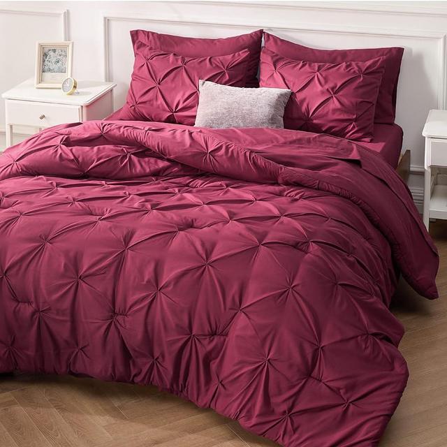 Bedsure King Size Comforter Set - Bedding Set King 7 Pieces, Pintuck Bed in a Bag Burgundy Bed Set with Comforter, Sheets, Pillowcases & Shams