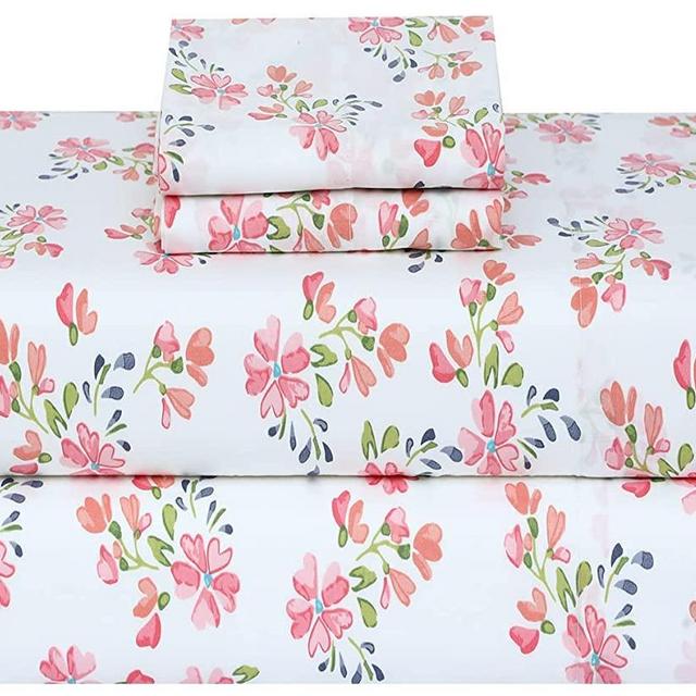RUVANTI 100% Cotton Sheets - Soft & Breathable King Sheet Set - Deep Pocket King Size Sheets - Crispy Percale Sheets - Pink & Green Floral King Sheets – Moisture Wicking Bed Sheets - 4 Pieces