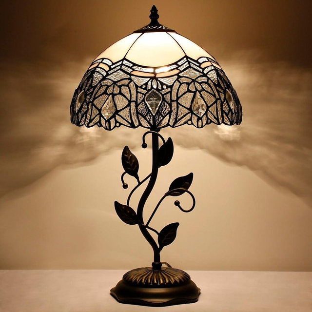 WXCFCD Tiffany Lamp Table Lamp Stained Glass Desk Lamps 12X12X19 Inches Reading Light Decor Bedroom Living Room (White Crystal Style)