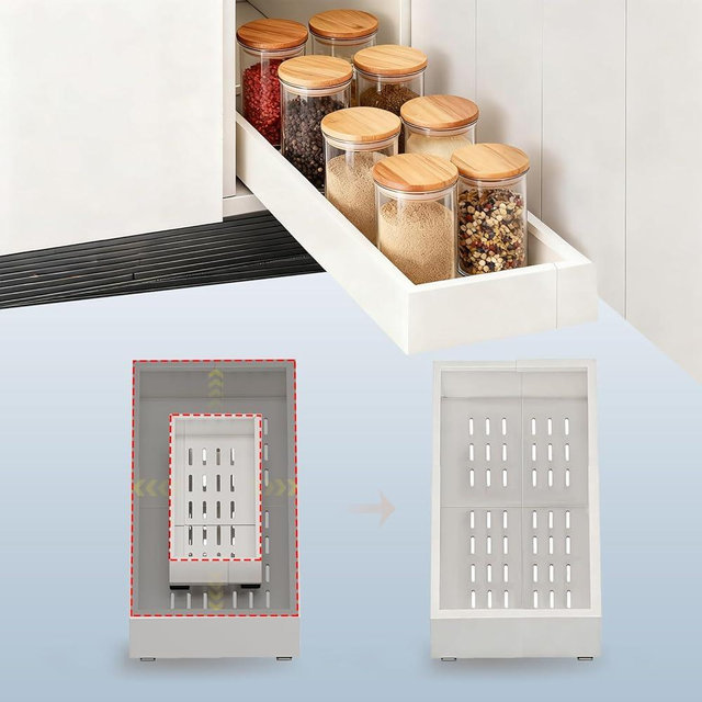 Pull out Cabinet Organizer,Width (7"-11") and Depth (17"-24") Expandable With 3 Rails,No Drill Adjustable Slide out Drawers for Kitchen,Pantry,Adhesive Roll out Shelves,for Cabinets Without Lip,White