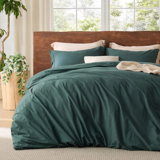 Bedsure 100% Washed Cotton Duvet Cover Queen Size Forest Green Minimalist Cotton Duvet Cover for All Seasons GentleSoft™ Plain Simple Bedding Set