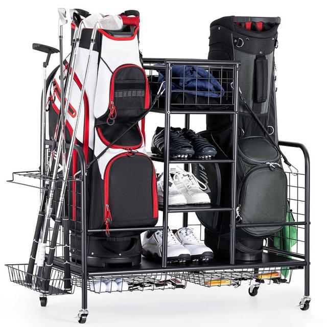 Vividwood Golf Bag Organizer, Golf Organizer Stand for 2 Golf Bags, Golf Bag Storage and Stand for Golf Clubs, Balls, and Accessories, Extra Large Golf Bag Storage Rack for Garage, Club