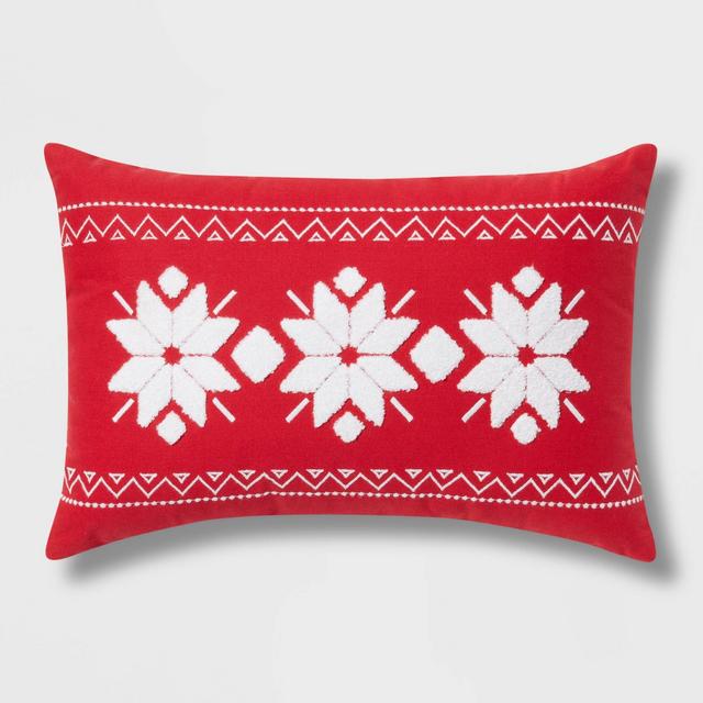 Fair Isle Embroidered Cotton Lumbar Christmas Throw Pillow Red/Cream - Wondershop™