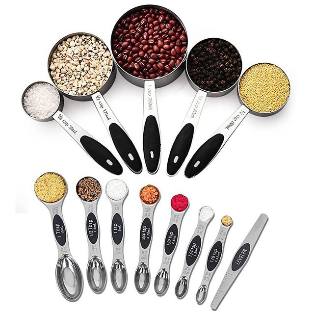 Measuring Cup and Magnetic Measuring Spoons Set, 5 Stainless Steel Nesting Measuring Cup & 7 Double Sided Stackable Magnetic Measuring Spoons & 1 Leveler, for Cooking Dry and Liquid Ingredient