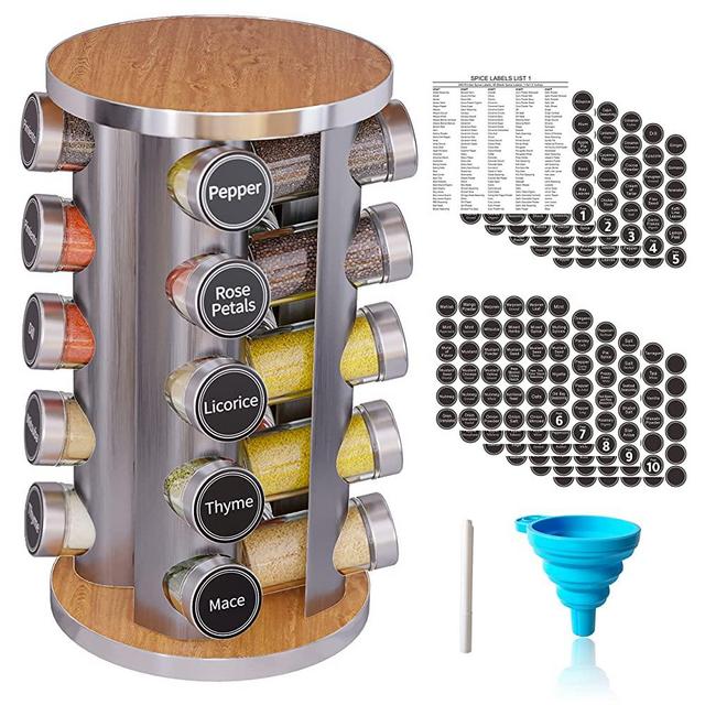 Revolving Spice Rack Set with 20 Spice Jars, Kitchen Spice Tower Organizer for Countertop or Cabinet -- Carousel Storage Includes 396 Spice Labels.