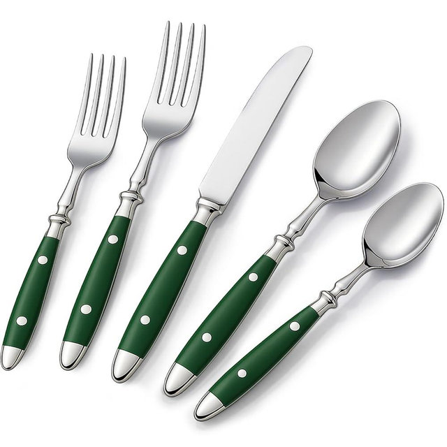 QUEARI Silverware Set For 8 with Two Rivets, Vintage 40-Piece Everyday Flatware Set with Green Bakelite Handle, Stainless Steel Cutlery Set, Dishwasher Safe, Knives Spoons and Forks Set
