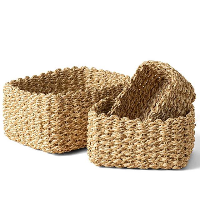 LA JOLIE MUSE Woven Storage Baskets, Recycled Paper Rope Bin Organizer Divider for Cupboards Drawer Closet Shelf Dresser, Set of 3 (Yellow White)