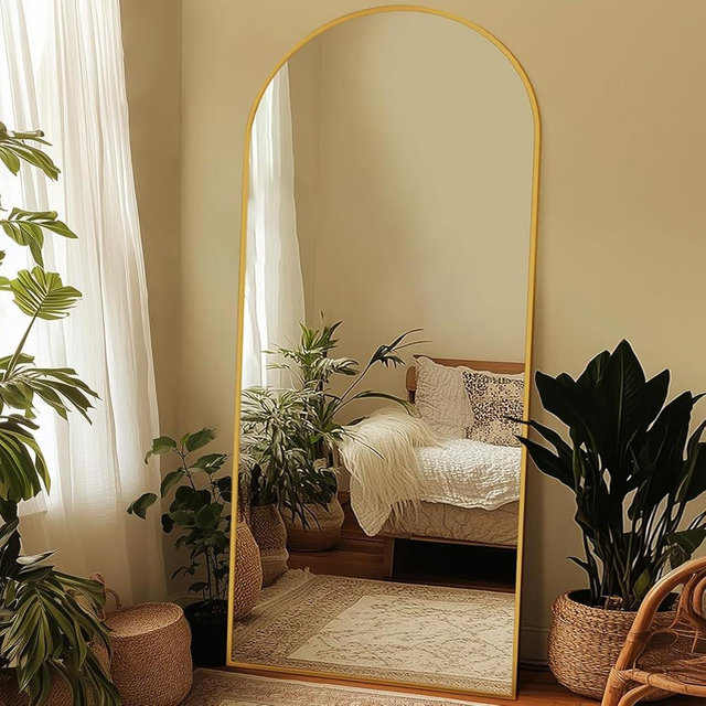 Homsion Full Length Mirror, 71"x32" Oversized Arched Large Standing, Tall Body Floor Mirror Wall Hanging for Bedroom Living Room Aluminum Frame,Gold