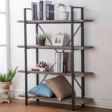 HSH Furniture 4-Shelf Vintage Industrial Bookshelf, Rustic Wood and Metal Bookcase, Open Wide Office Etagere Book Shelf, Dark Oak