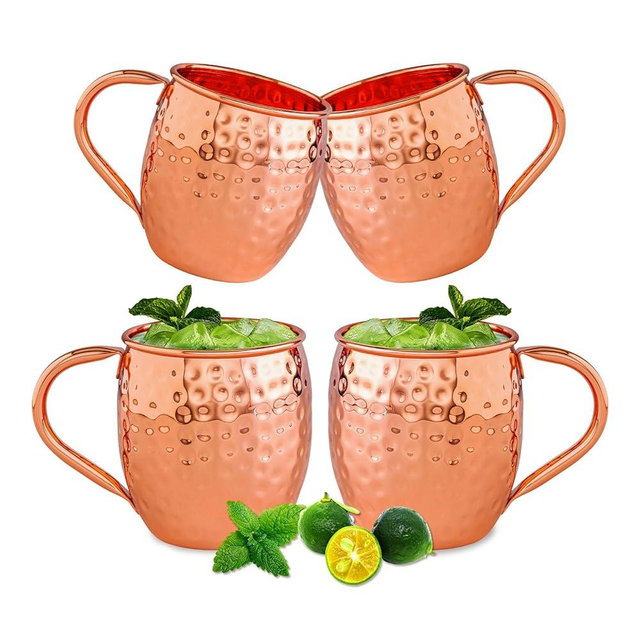UNISWEET Moscow Mule Copper Mugs-100% Pure Copper Handmade, Classic Welding Handles, 16oz for Drinking, Premium Moscow Mule Copper Cups Set of 4 for Cold Drinks Cocktail Beer Wine Party Bar
