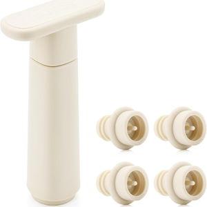 WOTOR Wine Saver Vacuum Pump with 4 Stoppers, Wine Stopper & Preserver, Reusable Bottle Sealer Keeps Fresh, Ideal Accessories Gift, Flat Handle (Cream)