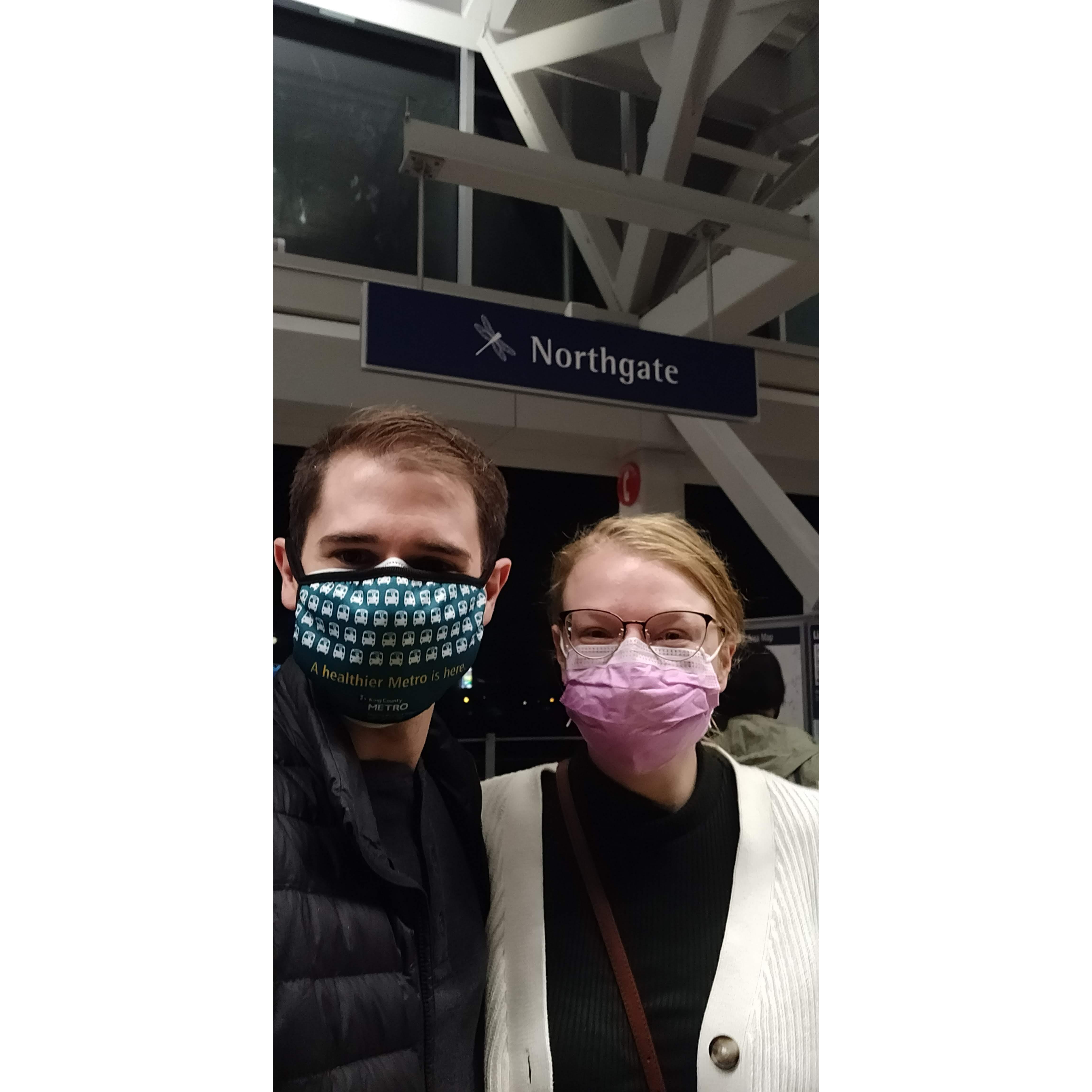 Our best excited faces at 4:30 AM! Ryan loves public transit, so we got up to be on the first train out of Northgate Station when the new Link stops opened!