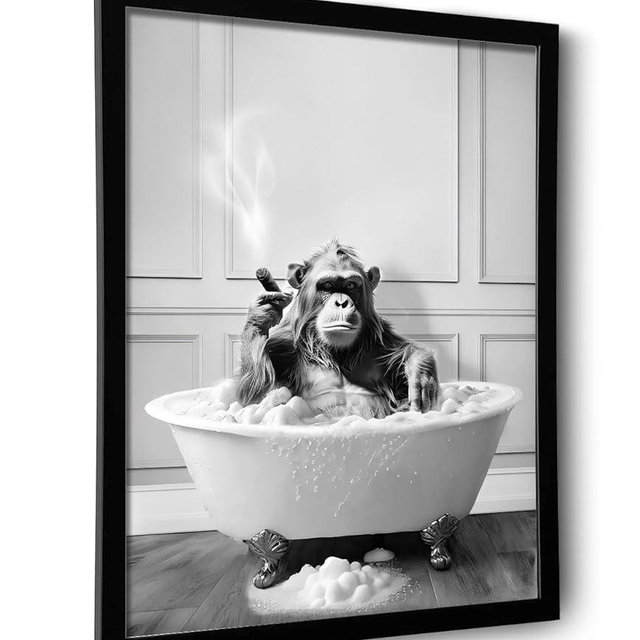 Framed Bathroom Decor Wall Art, Chimpanzee in Bathtub, Black and White Wall Art, Funny Bathroom Wall Decor Signs, Cute Animal Art for Bathroom (Framed,8''x10'')