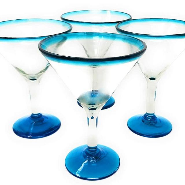 Mexican Hand Blown Glass – Set of 4 Hand Blown Modern Margarita Glasses - Aqua Rim (12 oz)