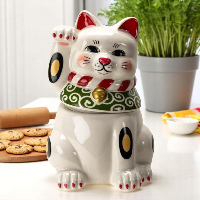 Pacific Giftware Maneki Neko Japanese Lucky Cat Paw Up Ceramic Cookie Jar, Kitchen Decor, Storage Accessory
