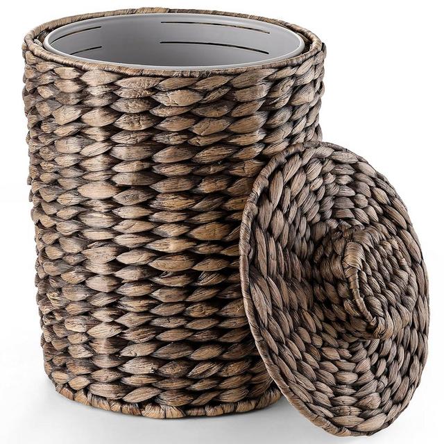 Tidita 1.3 Gallons Wicker Woven Waste Basket with Lid - Water Hyacinth Trash Can for Office Garbage - Handwoven Waste Baskets for Bedroom, Bathroom, Kitchen, Living Room - Black Storage Trashcan