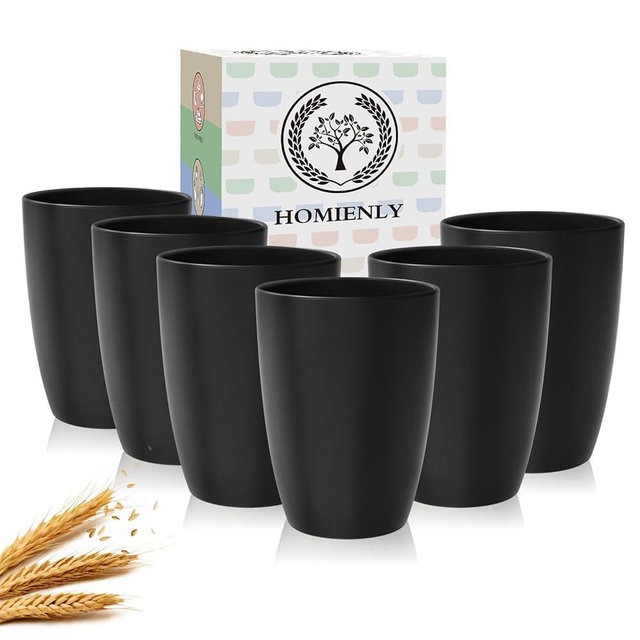 Homienly Wheat Straw Cups, 20 OZ Drinking Cups Set of 6, Plastic Cups Reusable, Stackable Kitchen Cups Set, Dishwasher Safe Water Glasses, Unbreakable Drinking Glasses for Camping, Traveling - Black